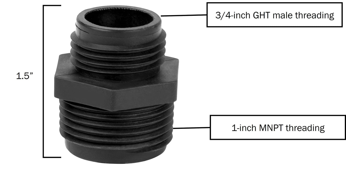 Little Giant GH-1, 1-Inch MNPT x 3/4-inch Male GHT Garden Hose Reducer/Adapter for Utility, Pond or Hydroponic Pumps with 1-inch FNPT discharge, Black, 599030