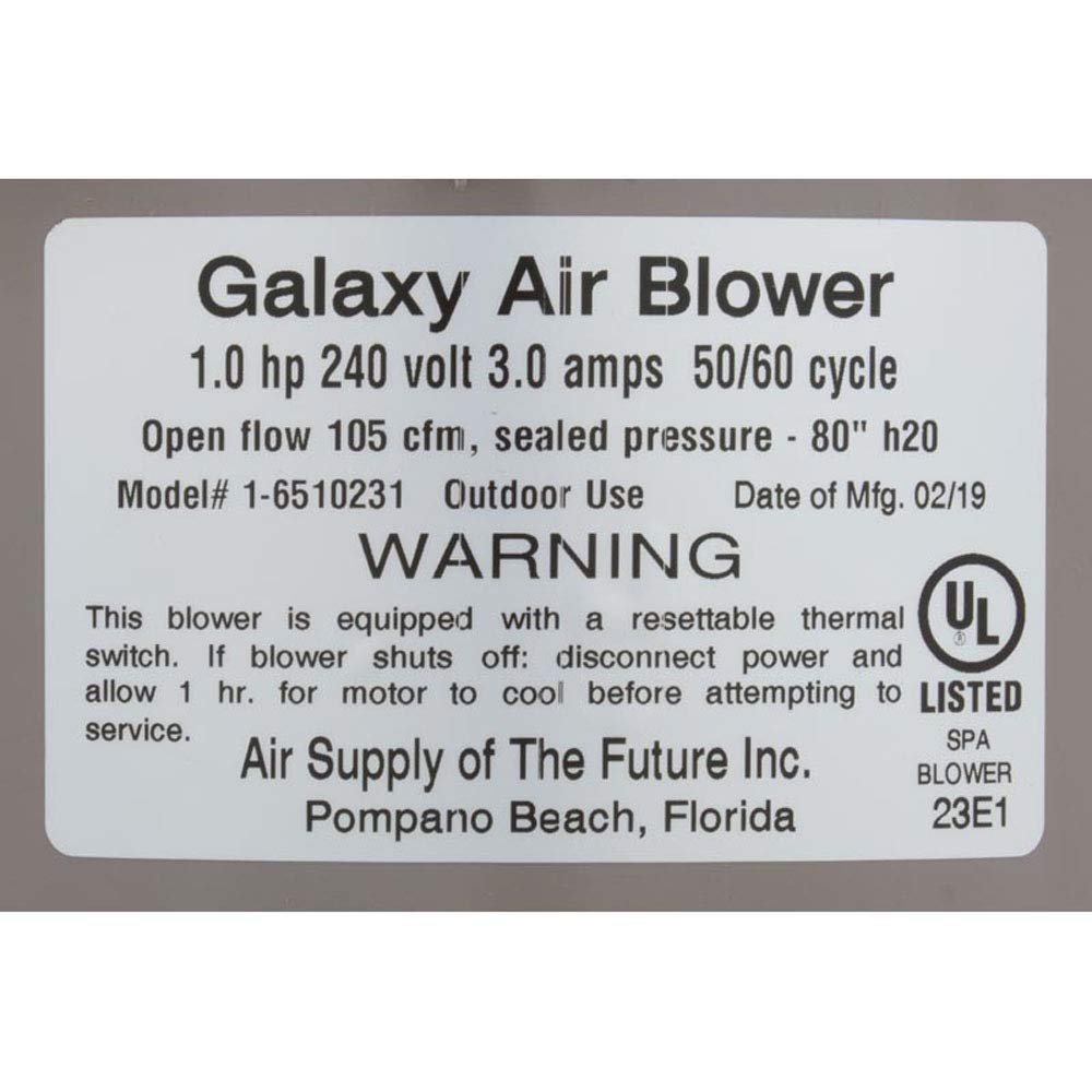 Air Supply 6510231 Blower, Galaxy V2, 1.0hp, 230v, 3.0A, Hardwire