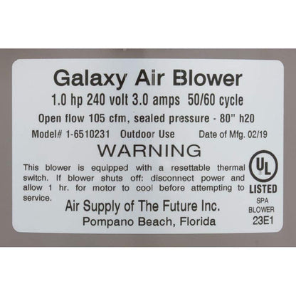 Air Supply 6510231 Blower, Galaxy V2, 1.0hp, 230v, 3.0A, Hardwire