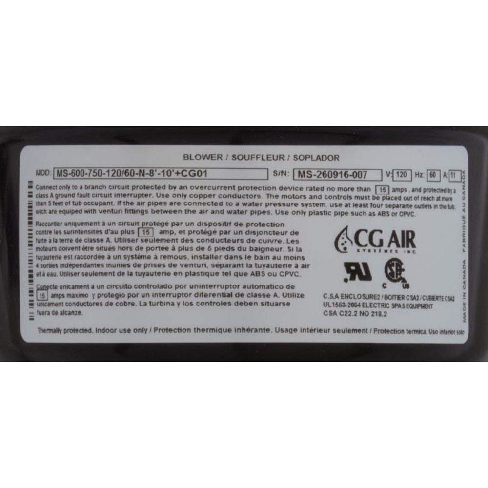 Blower, CG Air Millenium, 115v, 11A, 7ft NEMA Cord, w/Muffler