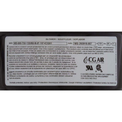 Blower, CG Air Millenium, 115v, 11A, 7ft NEMA Cord, w/Muffler