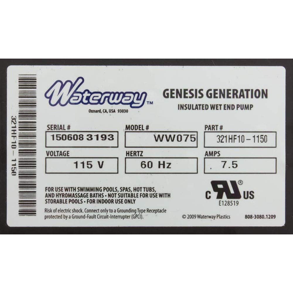 Waterway Plastics Genesis Bath Pump Complete 7.5A 321HF10-0150