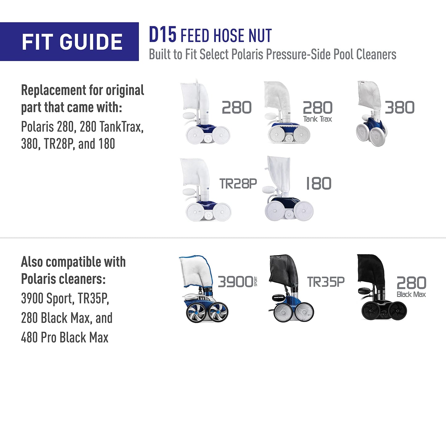 Polaris Genuine Parts D15 Feed Hose Nut replacement part for pressure-side pool cleaners 280, 280 TankTrax, 380, TR28P, 180
