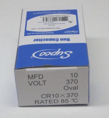 SUPCO CR10X370 Single Motor Run Capacitor, Oval, 10 Mfd x 370V, 2.75" Height, 1.25" Width, 2.00" Length