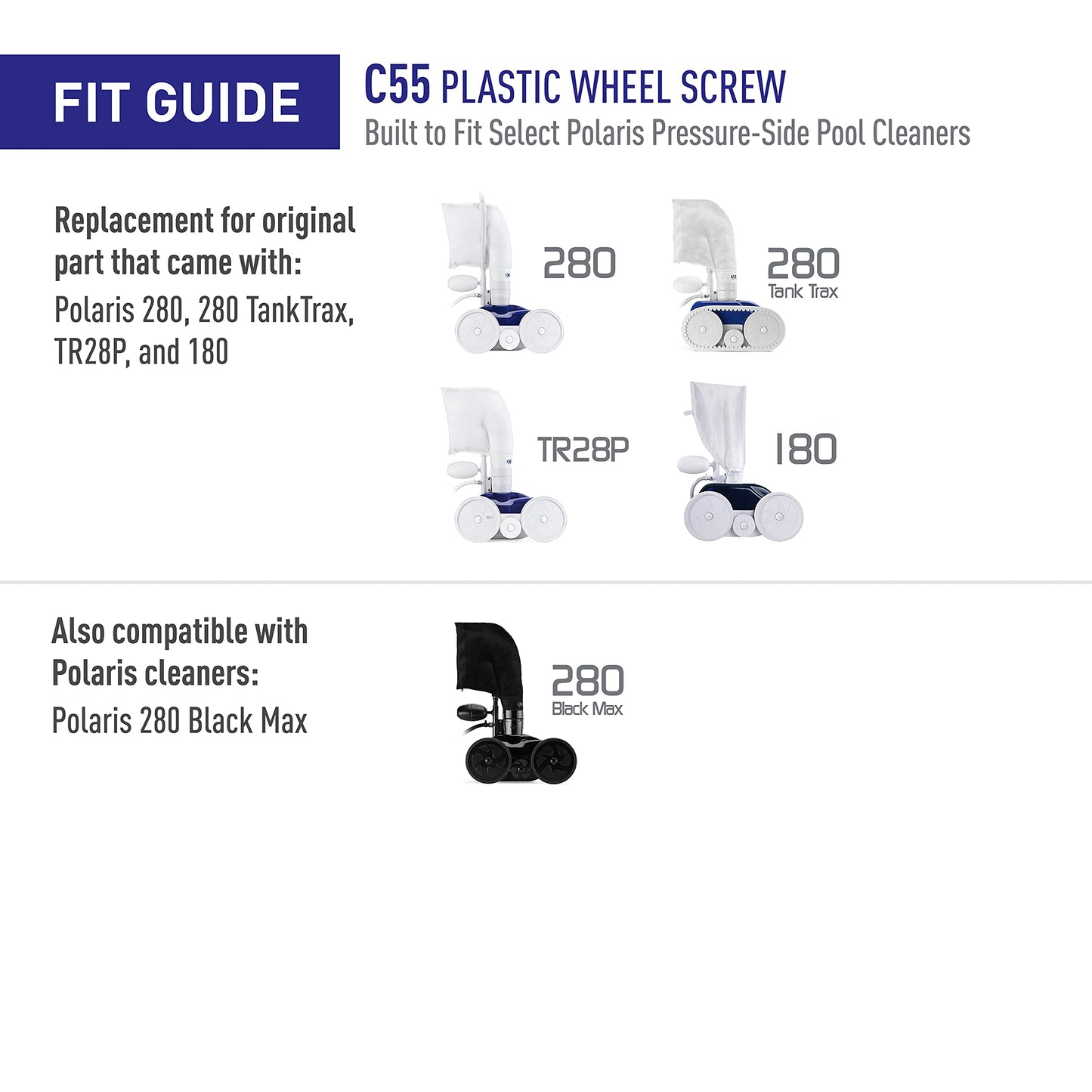 Polaris Genuine Parts C55 Plastic Wheel Screw Replacement for pressure-side pool cleaners 280, 280 TankTrax, TR28P, 180