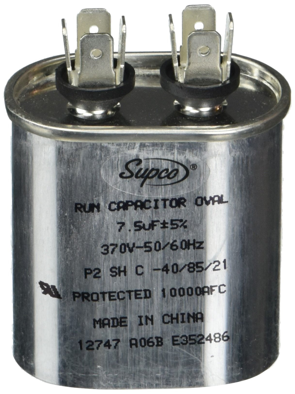 Supco Run Capacitor, Oval, 7.5 Mfd., 370 Volt, CR7.5X370