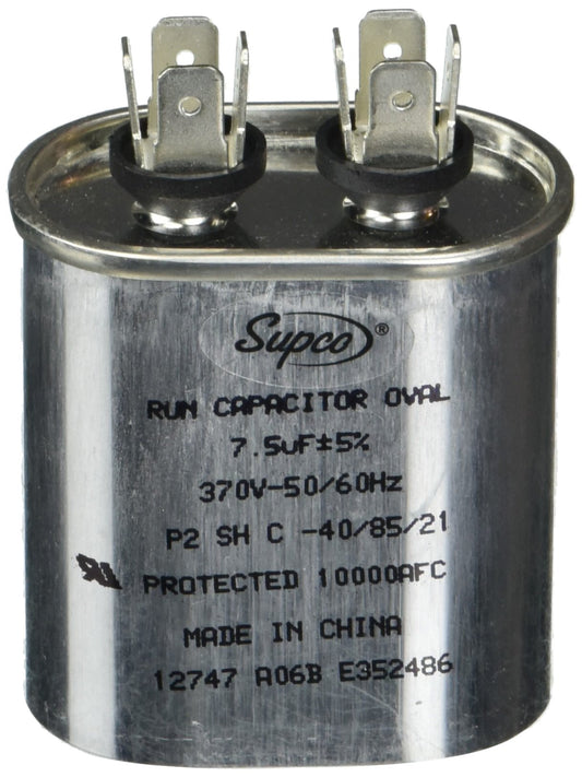 Supco Run Capacitor, Oval, 7.5 Mfd., 370 Volt, CR7.5X370