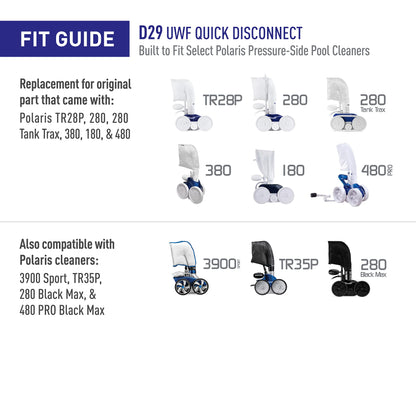 Polaris Genuine Parts D29 quick disconnect UWF replacement part for pressure-side pool cleaners 280, 280 Tank Trax, TR28P, 380, 180