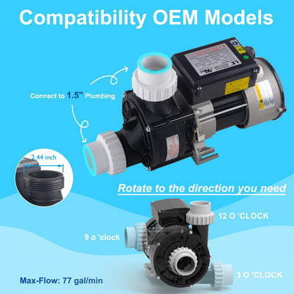 LINGXIAO SPA Bath Pump & Hot Tub Bath Pump - LX Bathtub Pump 110V - 120V, 0.75HP, 1.5" Port, Compatible with OEM Models - (Model: WCH75)