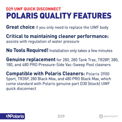 Polaris Genuine Parts D29 quick disconnect UWF replacement part for pressure-side pool cleaners 280, 280 Tank Trax, TR28P, 380, 180