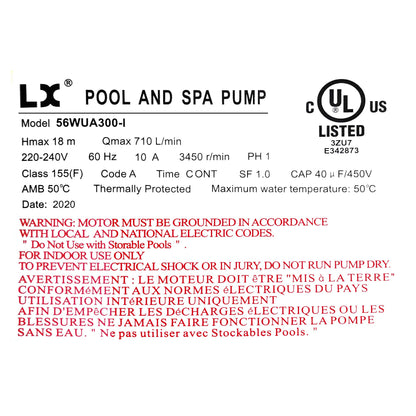 KL KEY LANDER Lingxiao Pump 56WUA300-I Pump, LX 56WUA, 3.0hp, 230v, 1-SPD, 56Fr, 2", SD