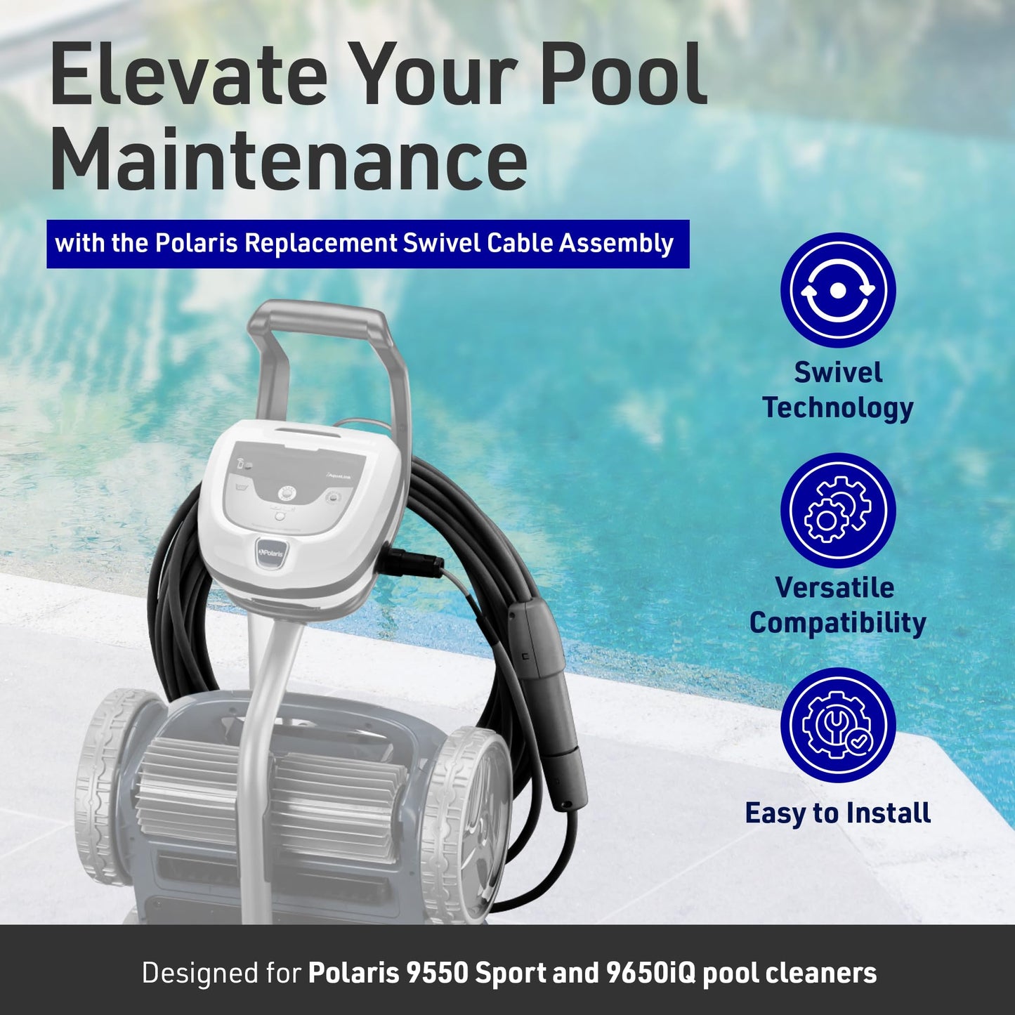 Polaris Replacement Swivel Floating Cable Assembly with 69 Inch Cord Compatible 9550 Sport and 9650iQ Robotic Pool Cleaner, Black