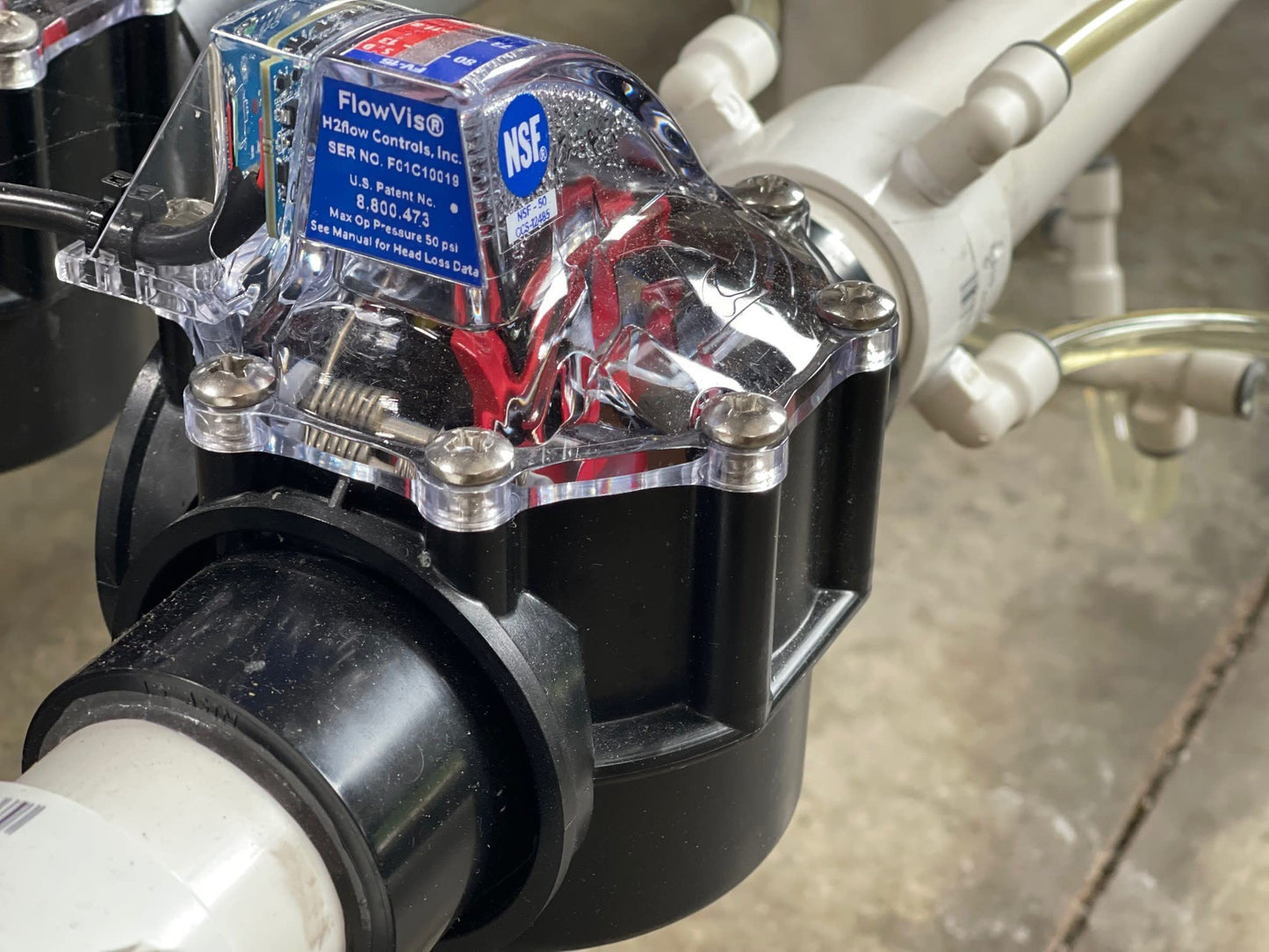 FlowVis FV-2 Flow Meter with Check Valve and Velocity Scale for 2" Schedule 40 Pipe. Scale in GPM.