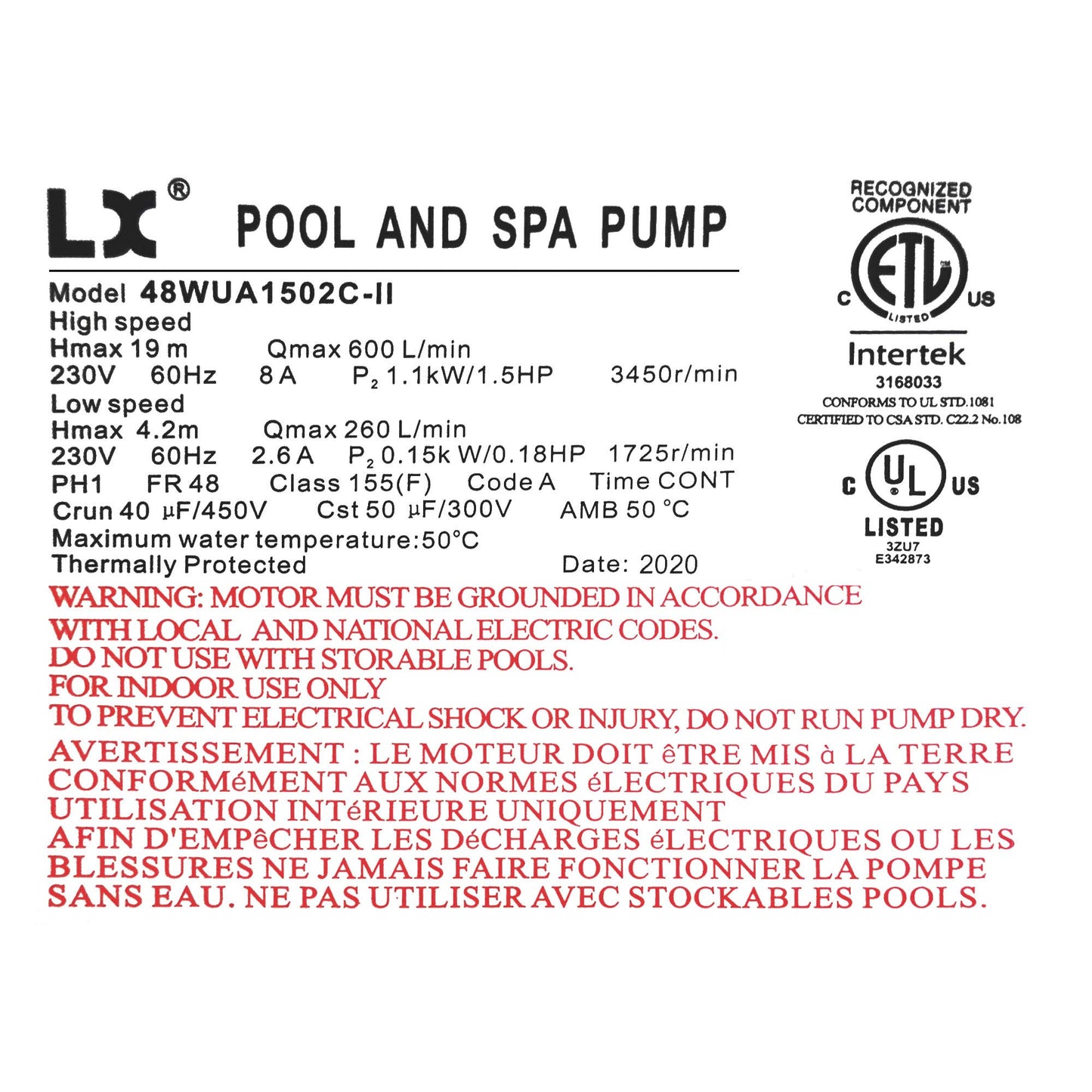 Lingxiao Pump 48WUA1502C-II Pump, LX 48WUA, 1.5hp, 230v, 2-Spd, 48Fr, 2"