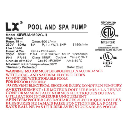 Lingxiao Pump 48WUA1502C-II Pump, LX 48WUA, 1.5hp, 230v, 2-Spd, 48Fr, 2"