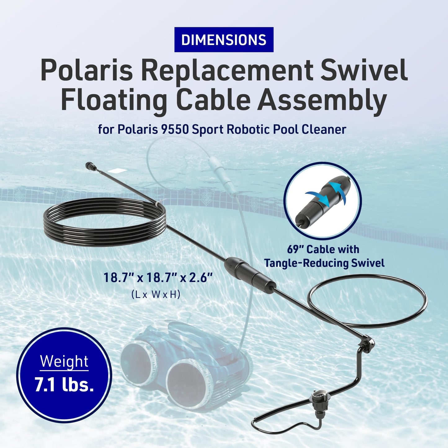 Polaris Replacement Swivel Floating Cable Assembly with 69 Inch Cord Compatible 9550 Sport and 9650iQ Robotic Pool Cleaner, Black