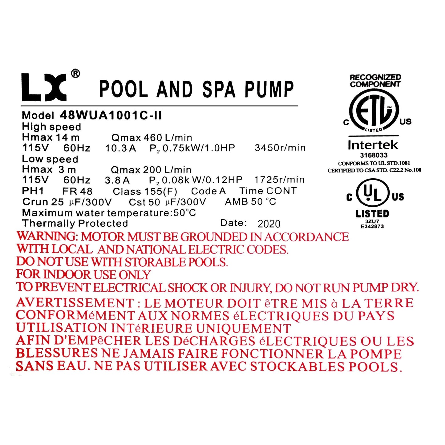 KL KEY LANDER LX Pump 48WUA1001C-II 1HP 2-Speed 48-Frame Spa Pump, 115V