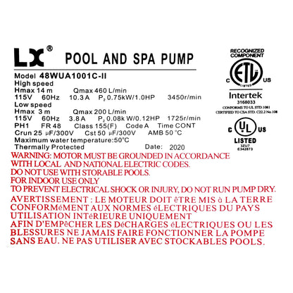 KL KEY LANDER LX Pump 48WUA1001C-II 1HP 2-Speed 48-Frame Spa Pump, 115V